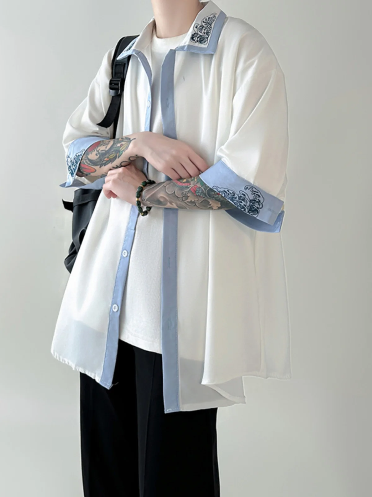 

New Chinese Sle Men's Ice Silk Seven f Sve irt Summer National Sle ort Sve Embroidery Thin awl irt High ...