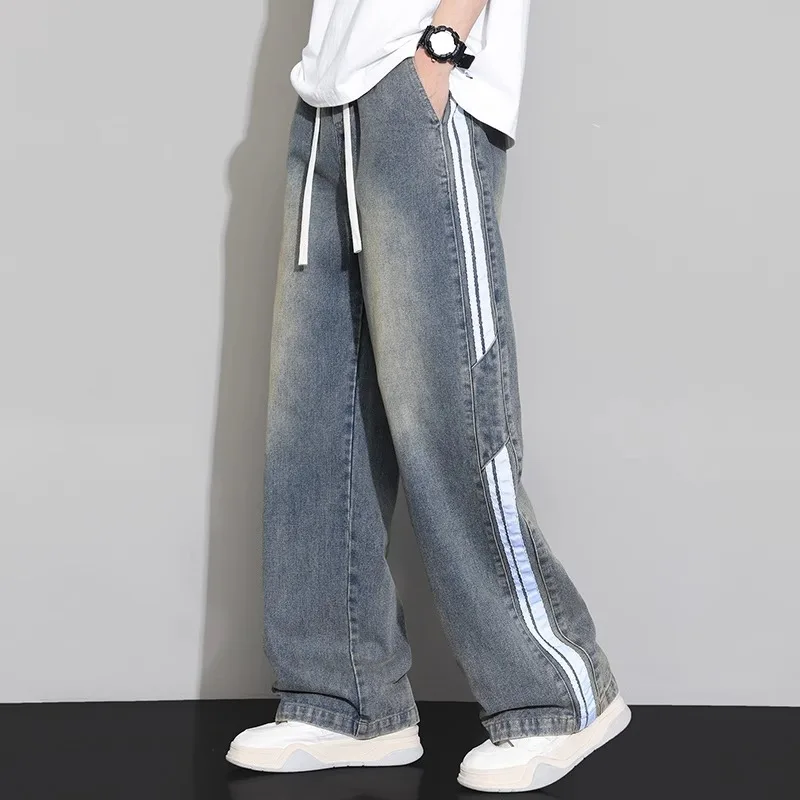 

Classic American High Street Men's Haome Denim Pants Trendy Brand Spring Loose Striped Wide Leg Long Trousers