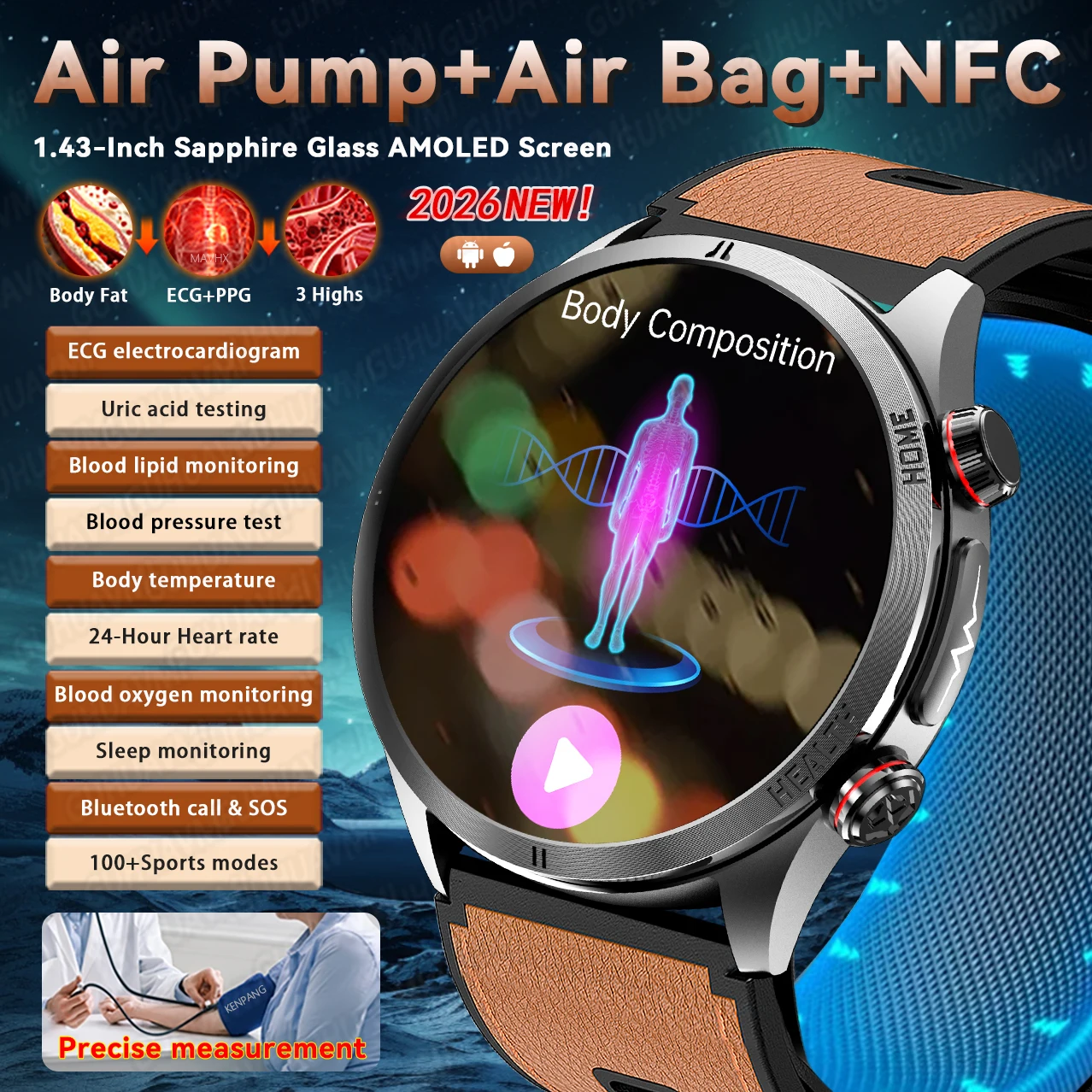 

Newly Health Air Pump Smart Watch Blood Pressure Fat ECG Uric Acid Diagnosis Sports Bluetooth Call NFC Smartwatch Men Women Gift