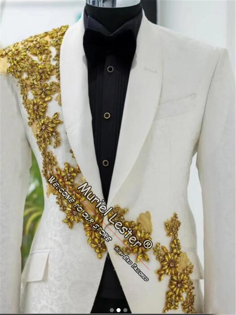 Luxury Gold Beaded Appliques Men's Suit Jackets Single Breasted Floral Pattern Jacquard Prom Blazer Man Coat Wedding Tuxedos