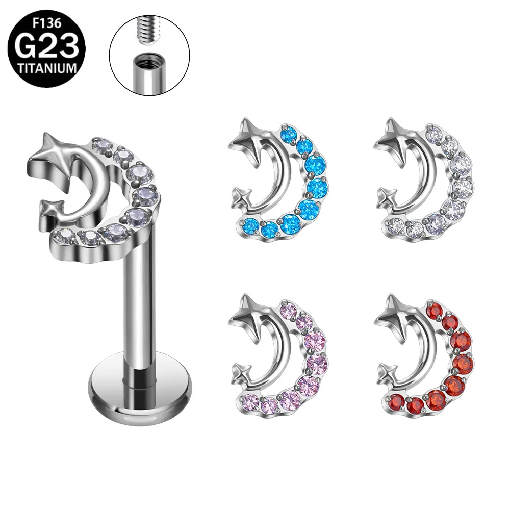 

ASTM F136 Titanium 16G CZ Moon Earrings Lip Studs Cartilage Piercing Jewelry Spiral Flat Back Labret Septum Stud for Men Women