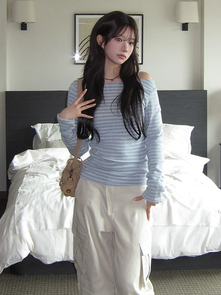 Blue Striped One oulder Base irt Women's Slim Fit Long Sve T-irt Inner Wear Autumn Winter Faion Korean Sle Top