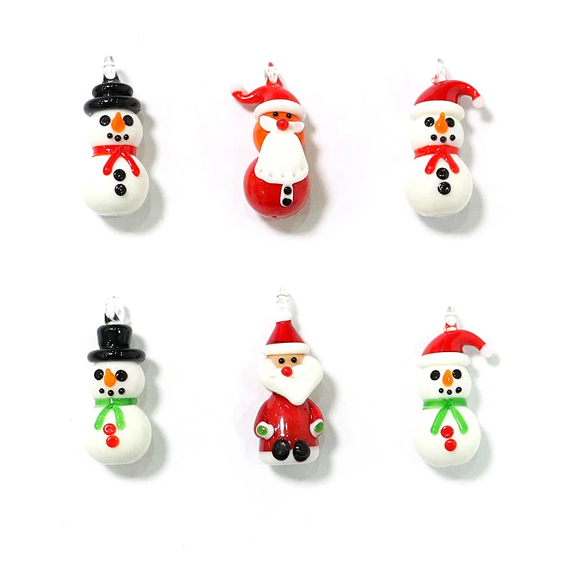 Cute Glass Christmas Charm Pendant Mini Snowman Santa Claus Figurine Ornaments for Diy Jewelry Accessories or New Year Trinkets