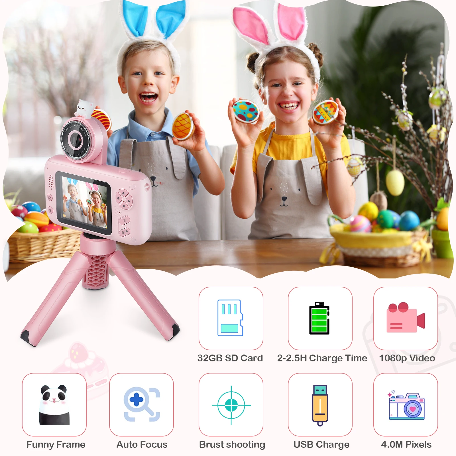 Cute Children Kids Camera Educational Toys Video Recorder Camera 2.4 Inch Ips HD Screen Child camera for Children Birthday Gift