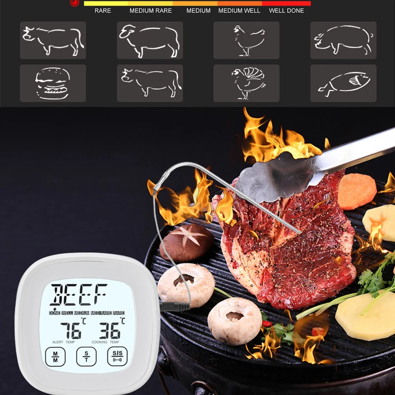 Custom Digital Cooking Food Thermometer, Barbecue Probe, Electronic Timer, Touch Screen, Industrial, Hot Selling