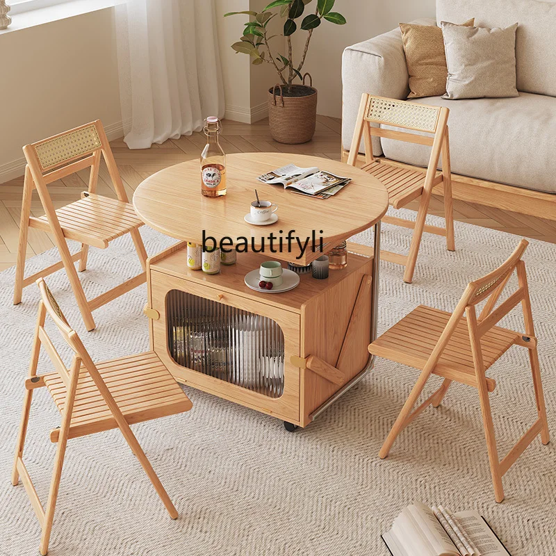 Log wind coffee table living room household side table, modern simple small apartment round foldable mobile tea table