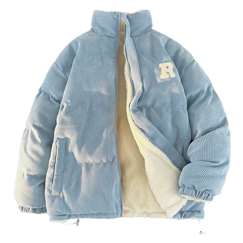 

Winter Corduroy Parkas Men Women Harajuku Letter Embroidery Puffer Coat Lamb Loose Denim Coat Male Parka Men Moletom Masculino