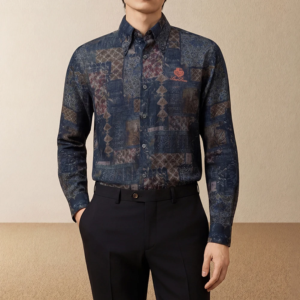 

Vintage Ethnic Style Print Casual Long Sleeve Shirts for Men Streetwear Fashion Autumn Spring Slim Graphic Pattern Men's Shirt