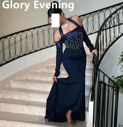 Navy Blue Sweep Train Prom Dresses Formal Dresses Evening Dress Halter Long Sleeves Crystals Saudi Arabia Mermaid Customized