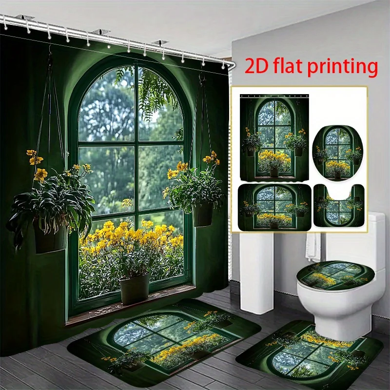 

4pcs 2D Flat Printing Shower Curtain Bathroom Set Windowsill with Hanging Plants And Outdoor Flowers. Modern Home Decoration