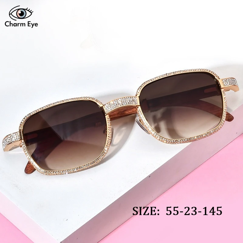 Women High End Diamond Optical Sunglasses Metal Handmade Redwood Leg Square Outdoor Travel Driving Sunscreen SUN GLASSES UV400