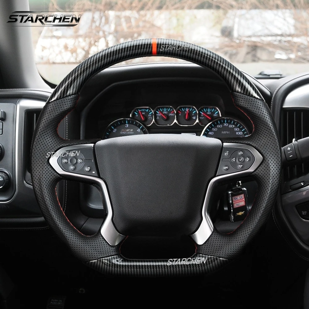 Hydro-Dip Carbon Fiber Steering Wheel for Chevrolet Silverado 1500 Suburban Tahoe 2014-2018 D-Shaped Perforated Leather Grip