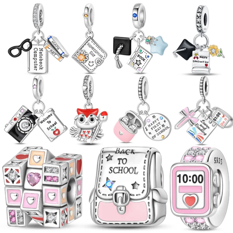 Graduation Charms 925 Sterling Silver  Trip Phone Charms Bead Friendship Schoolbag Pendants Fit Bracelet DIY Jewelry Marking