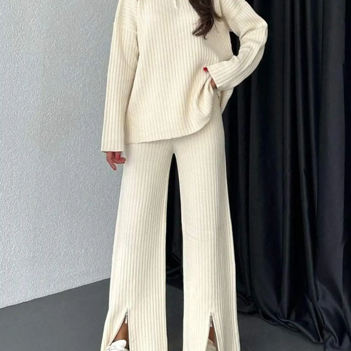 

Zipper Knitted High Collar Pants Set Straight Leg Pants Faionable Two-Piece Suit Long Sve Polyester Zip Closure