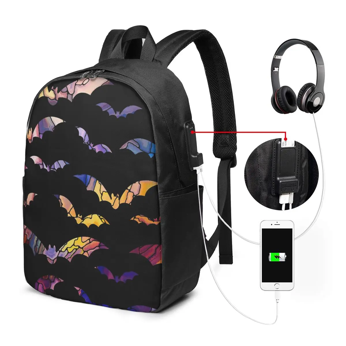 Stained Glass Design Bats Backpack Travel Notebook Bag Computer College Student School Bag Laptop Shoulder Bags for Men Women