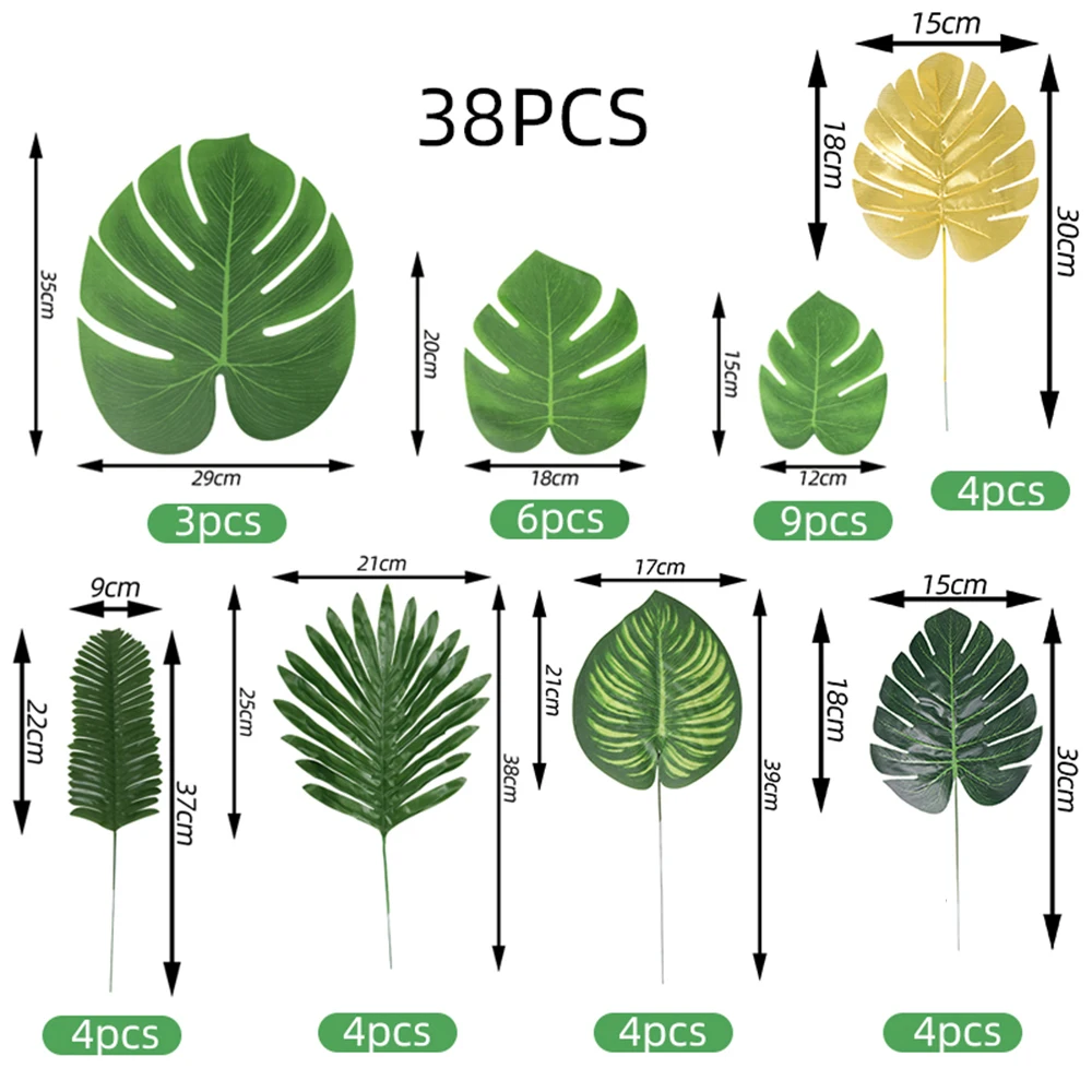 38Pcs Artificial Palm Leaf Set Fake Plant Bouquet Room Table Decor Realistic Green Plants for Wedding Decoration Hawaiian Party