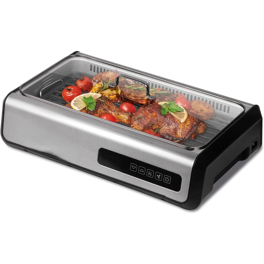 Touch Screen, Tempered Glass Lid, 2 Removable Ceramic Nonstick Grill & Griddle Plate, in a