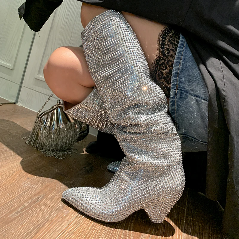 Fashion Spike Heels Crystal Long Boots Lady Sexy Pointed Toe Bling Bling Knee High Boots Woman Rhinstone Party Dress Shoes