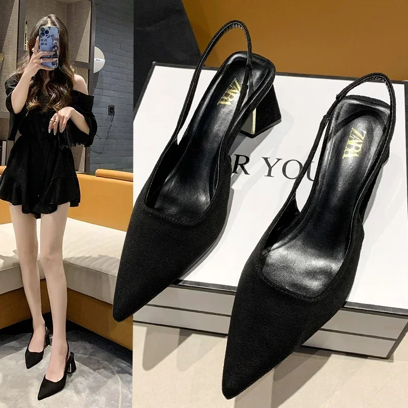 2024 Summer New Fashion Solid Women\'s Pumps Sexy Slingback Shoes for Women Square Heel Suede Pointed Toed High Heel Shoes Ladies