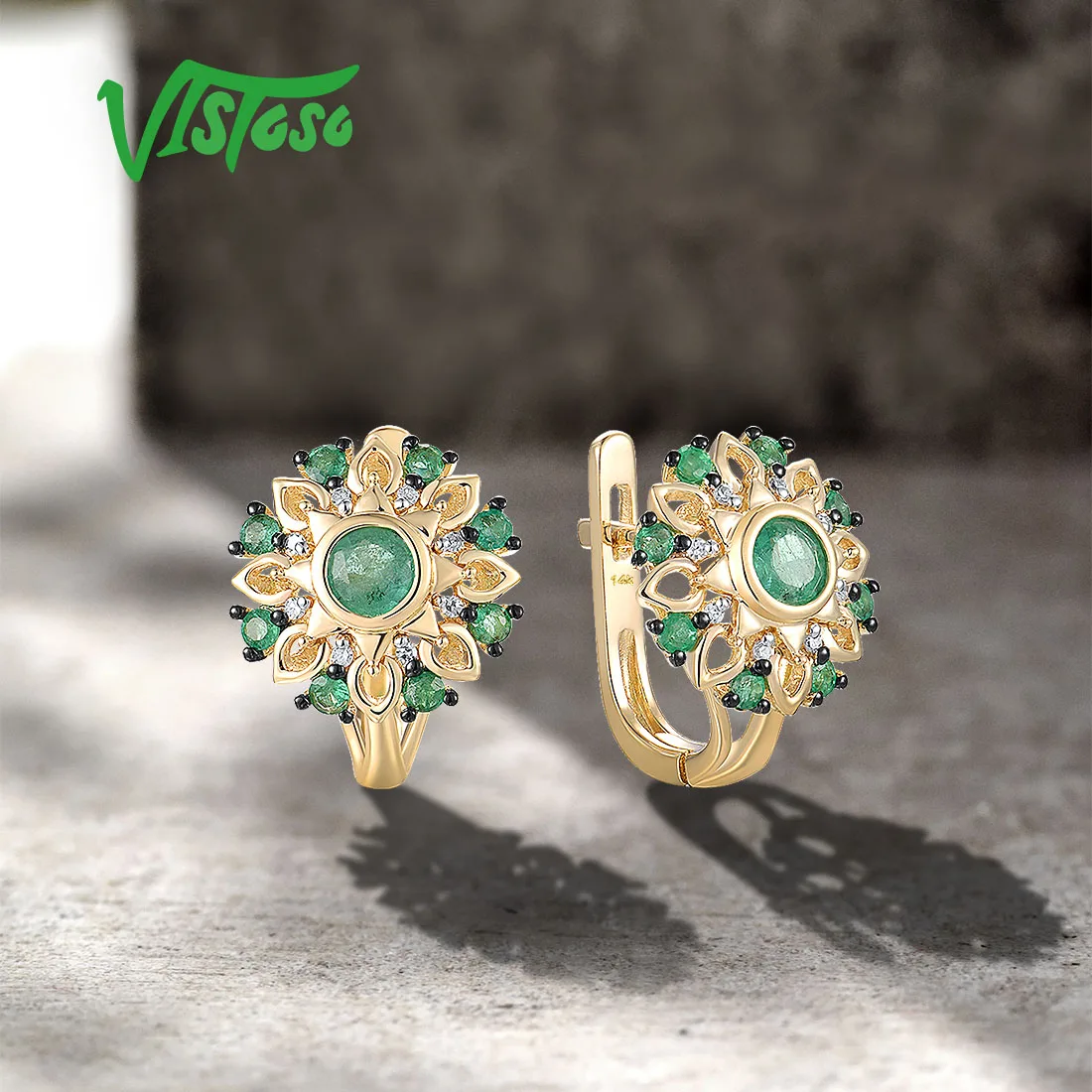 VISTOSO Genuine 14K 585 Yellow Gold Earrings For Women Sparkling Emerald And Diamond Daily Round Shape Handmade  Fine Jewelry