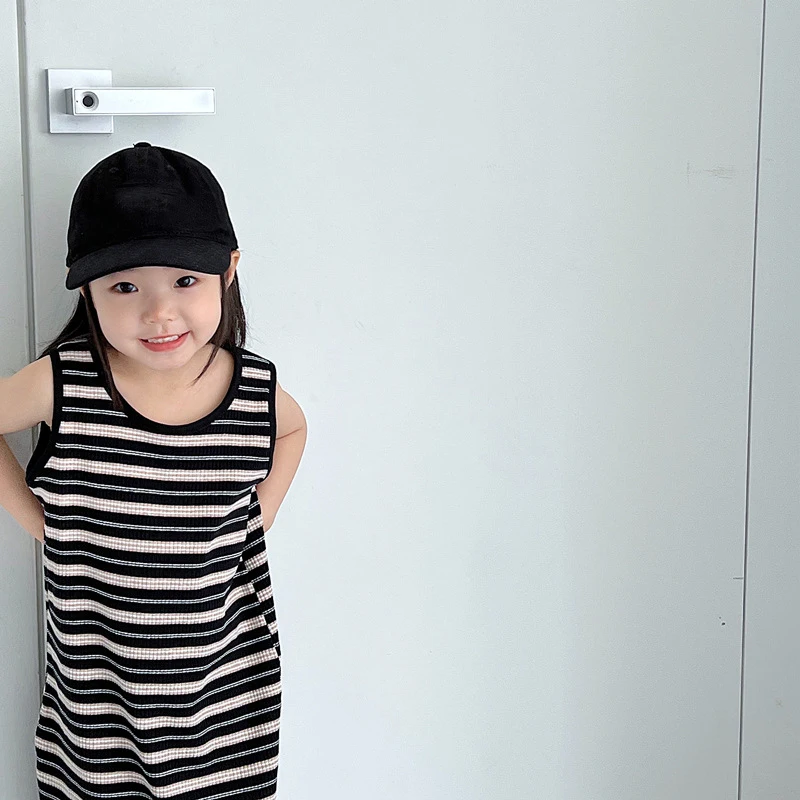 Girls Summer Dress Baby Kids Clothes Black And White Striped Knitted Vest Dress Children\'S Bottoming Dress Long Dress Long T-Shi