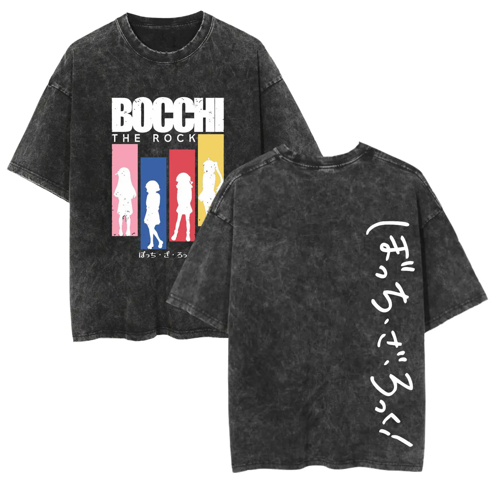 Bocchi The Rock Kessoku Band Silhouette Doppelseitiges Vintage Washed T-Shirt 2026 Sommer Oversized Grafik-T-Shirt für Männer und Frauen