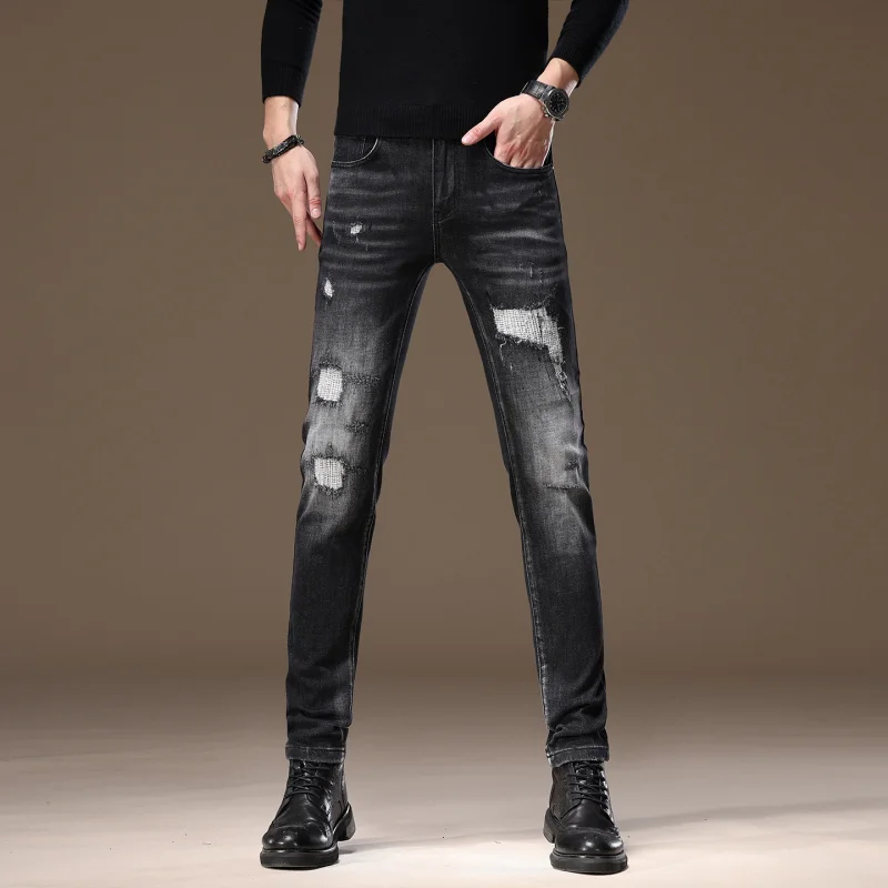 

Мужские джинсы со сломанной нашивкой, эластичные маленькие ноги, модные повседневные уличные брюки в стиле ретро, красивые потертые американские брюки