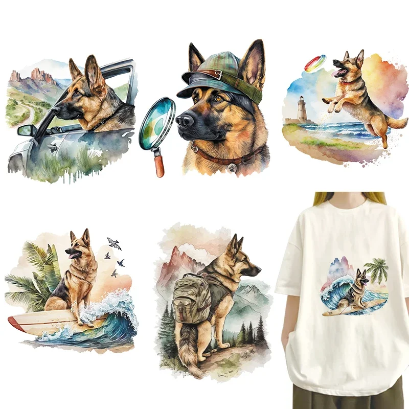 Watercolor German Shepherd Dog DTF Thermo Sticker Decals Heat Transfer On Clothes Iron On Patch For Hoodies Press Printing