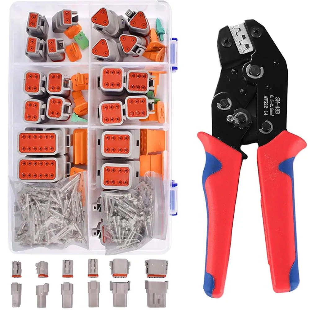 

12 Kits DT Connector Kit With Ratcheting Wire Crimper, 2 3 4 6 8 12 Pin Automotive Connectors With Size 16 Stamped Contacts IP68