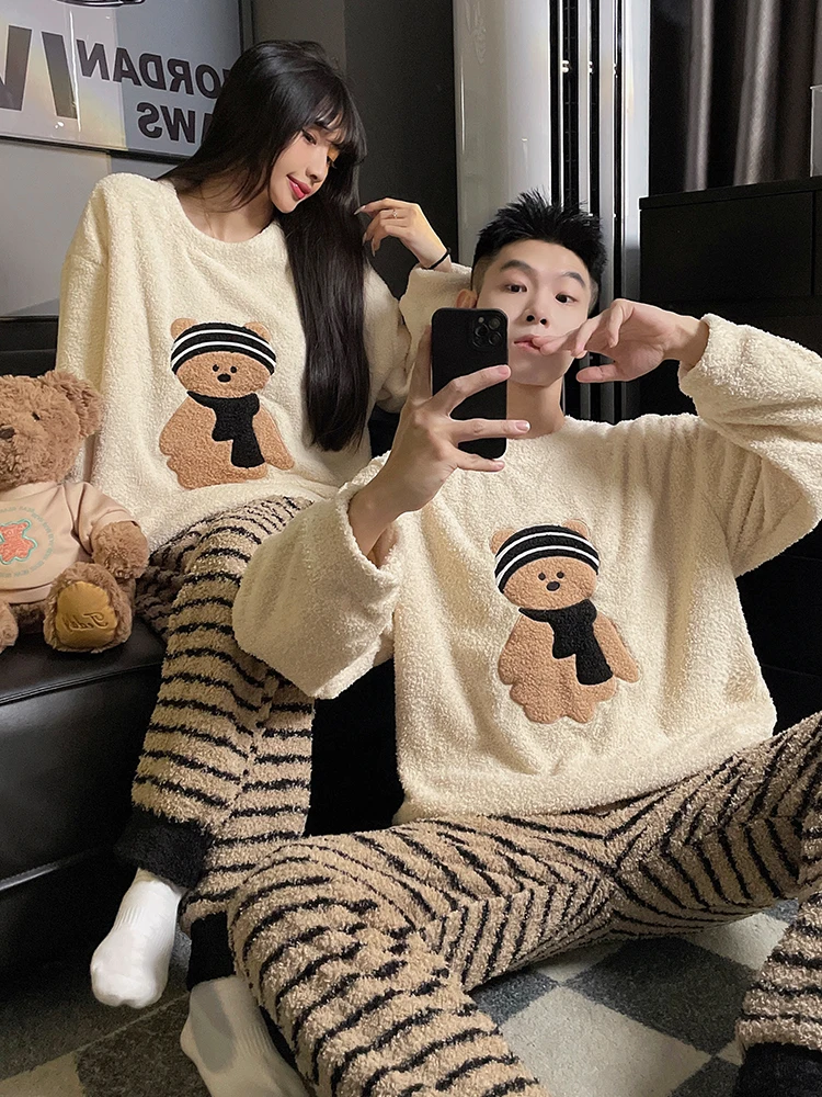 

DAIMELU cartoon bear winter sleepwear coral fleece flannel warm thickened men loungewear suit long sleeved nightwear plus size