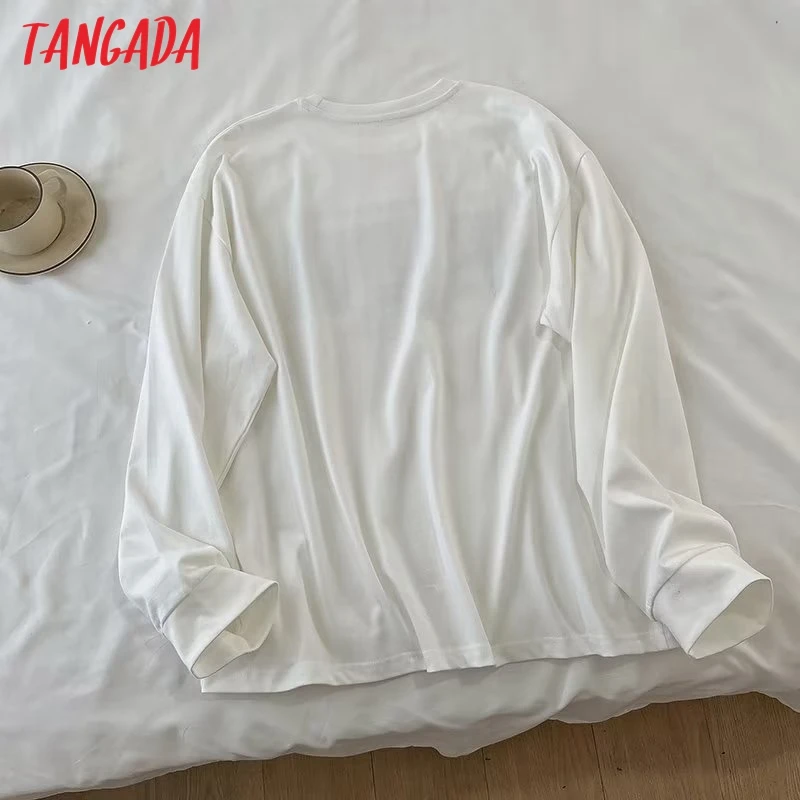 Tangada 2023 New Women Vintage Print White Loose Long T shirt Long Sleeve Female Tops XLJ67