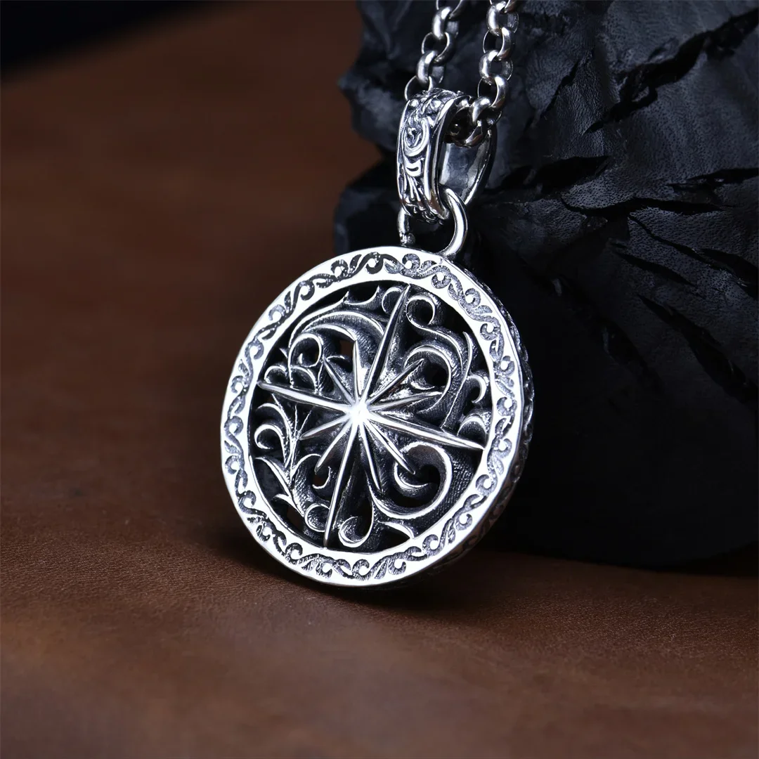 S925 Sterling Silver Tangcao Compass Navigation Pendant for Men's Handsome European and American Personality Retro Ethnic Style