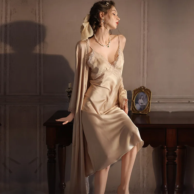 DAIMELU beautiful back nightdress sex champagne sexy deep V-neck suspender lace plus long dress premium texture French robe