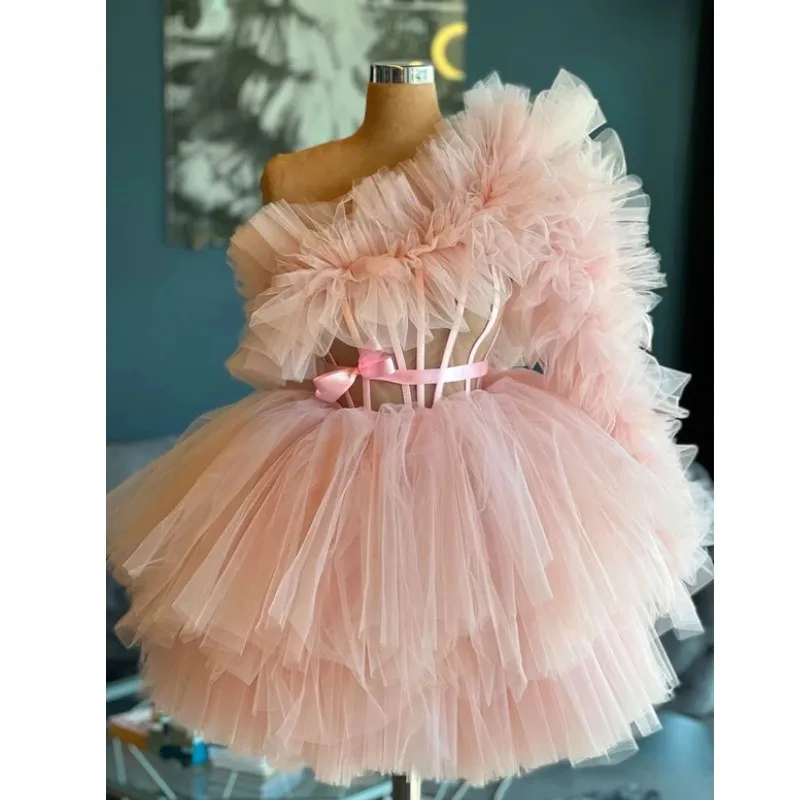 

Real Image Nude Pink Puffy RufflesTulle Women Dresses To Birthday Party One Shoulder Short Party Dress