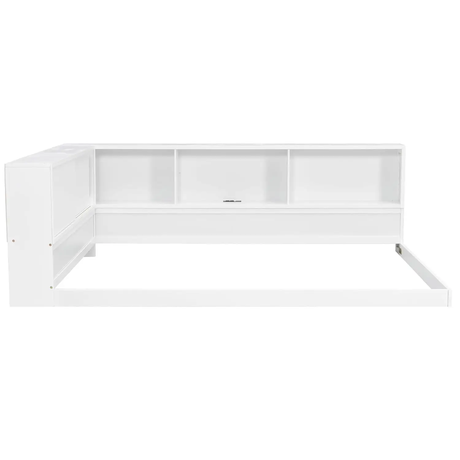 Queen Size Corner Bed with Bookcase, Wood L-Shaped Floor Daybed with LED Lights & USB Ports, Floor Corner Bed Frame, Customized