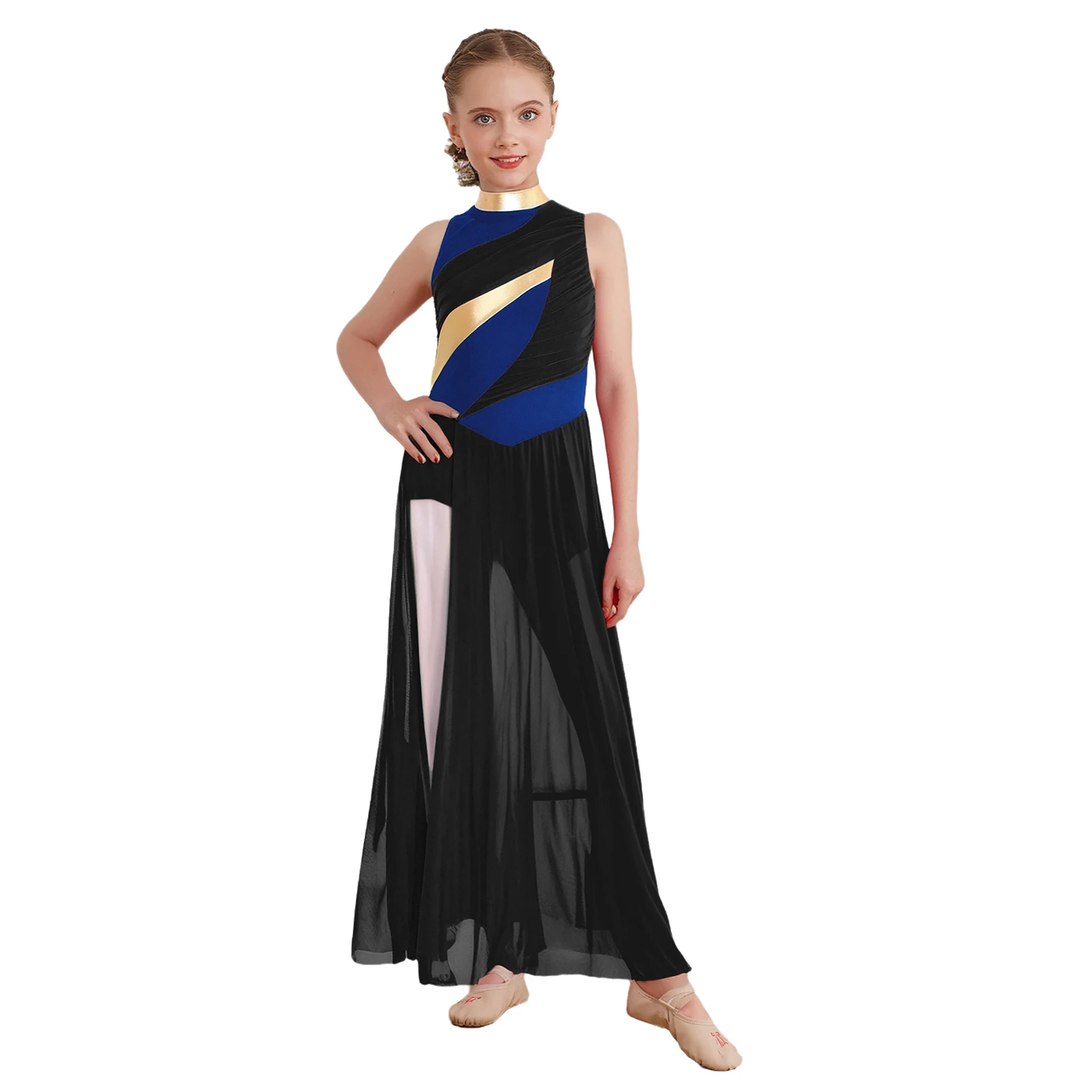 Kids Girls Modern Dance Dress Sleeveless Ruched Mesh Overlay Bodice Split Color Block Contemporary Lyrical Dance Leotard Dress