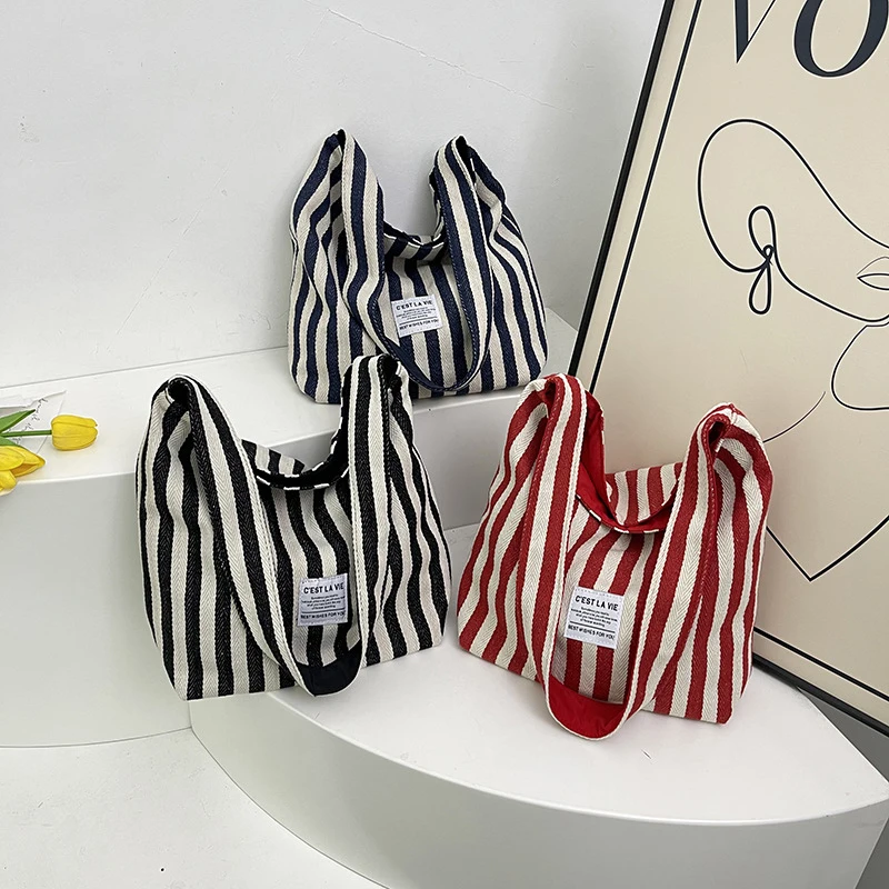 Korean Simple Striped Canvas Tote Bag Casual Large Capacity Double-sided Shoulder Bag image 6