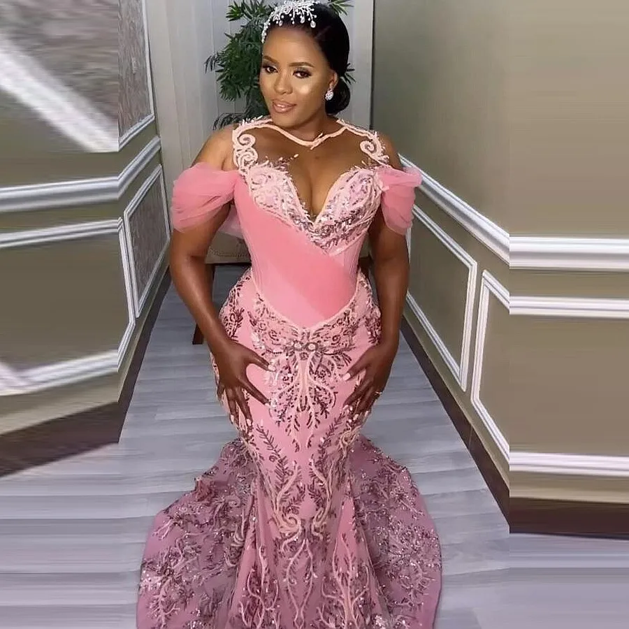 Aso Ebi فساتين لحضور الحفلات الموسيقية مع رقبة شفافة مطرزة بالخرز الدانتيل قبالة الكتف حورية البحر فستان سهرة للنساء الأفريقيات فساتين عيد الميلاد