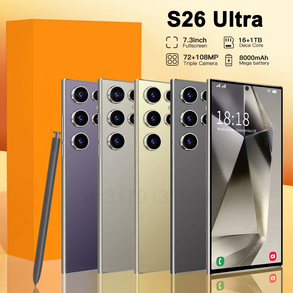 

NEW S26 Ultra Smartphone 7.3inch HD 5G Snapdragon 8Gen3 16GB+1TB Android 14 8000mAh 70+108MP Mobile phone Face Recognition