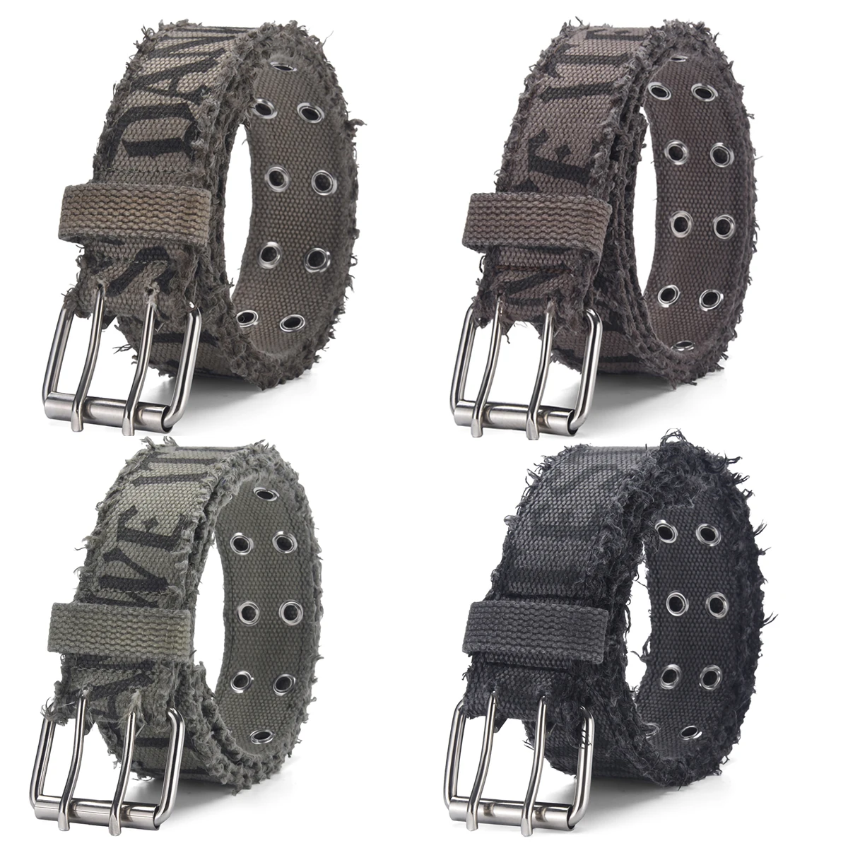 New Unisex Punk Style Frayed Distressed Canvas Belt Alloy Double Prong Buckle Letter Print for Jeans Daily Outfit Gift Choice