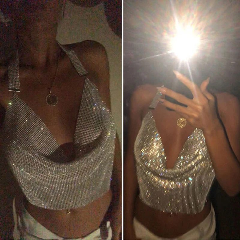 Sparkly Nightclub Rhinestone Tank Top For Women Party Halter Backless Deep V-neck Crop Tops Diamonds Sequins Festival Outfits