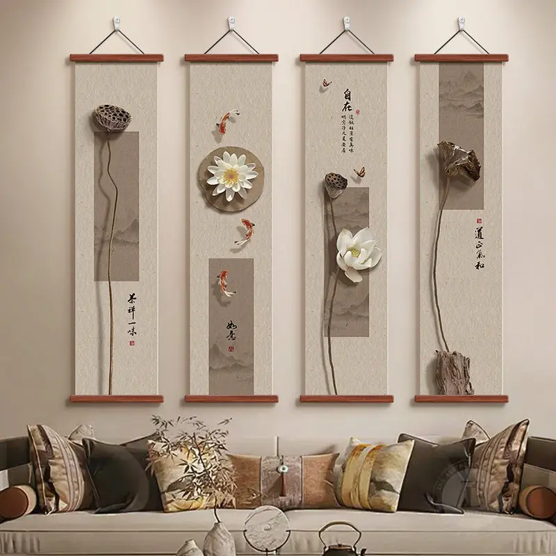 

Japanese Style Zen Lotus Wall Art, Aesthetic Room Decor for Study Room Tea Room Living Sofa Background Hanging Painting