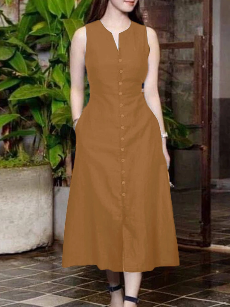 ZANZEA Stylowa Letnia Sukienka na Lato 2025 Damska Elegancka Sukienka do Pracy Jednolita Dekolt V Bez Rękawów Sukienka Midi na Wakacje Vestidos Robe Femme