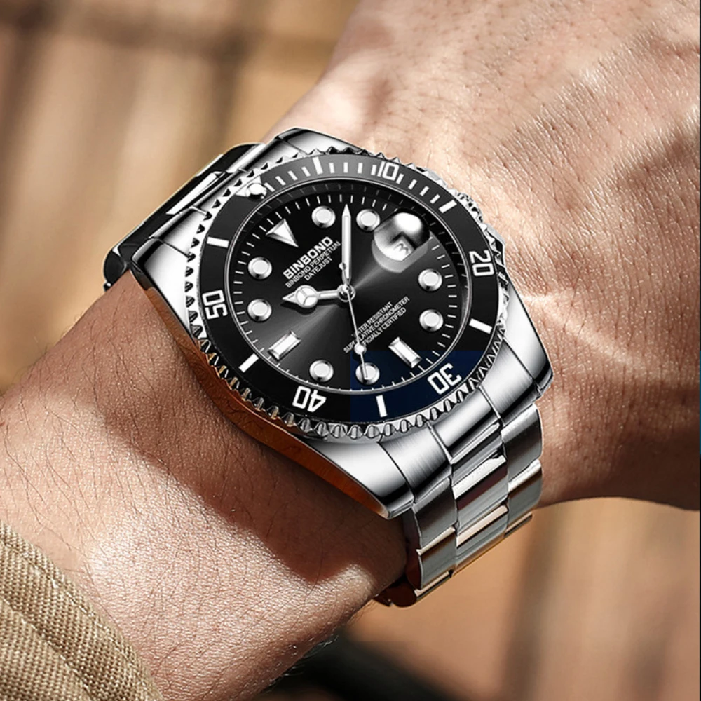 BINBOND Men's Watches 920G Trend Fashion Original Quartz Watch for Man Stainless Steel Waterproof Luminous Date Rotating Bezel