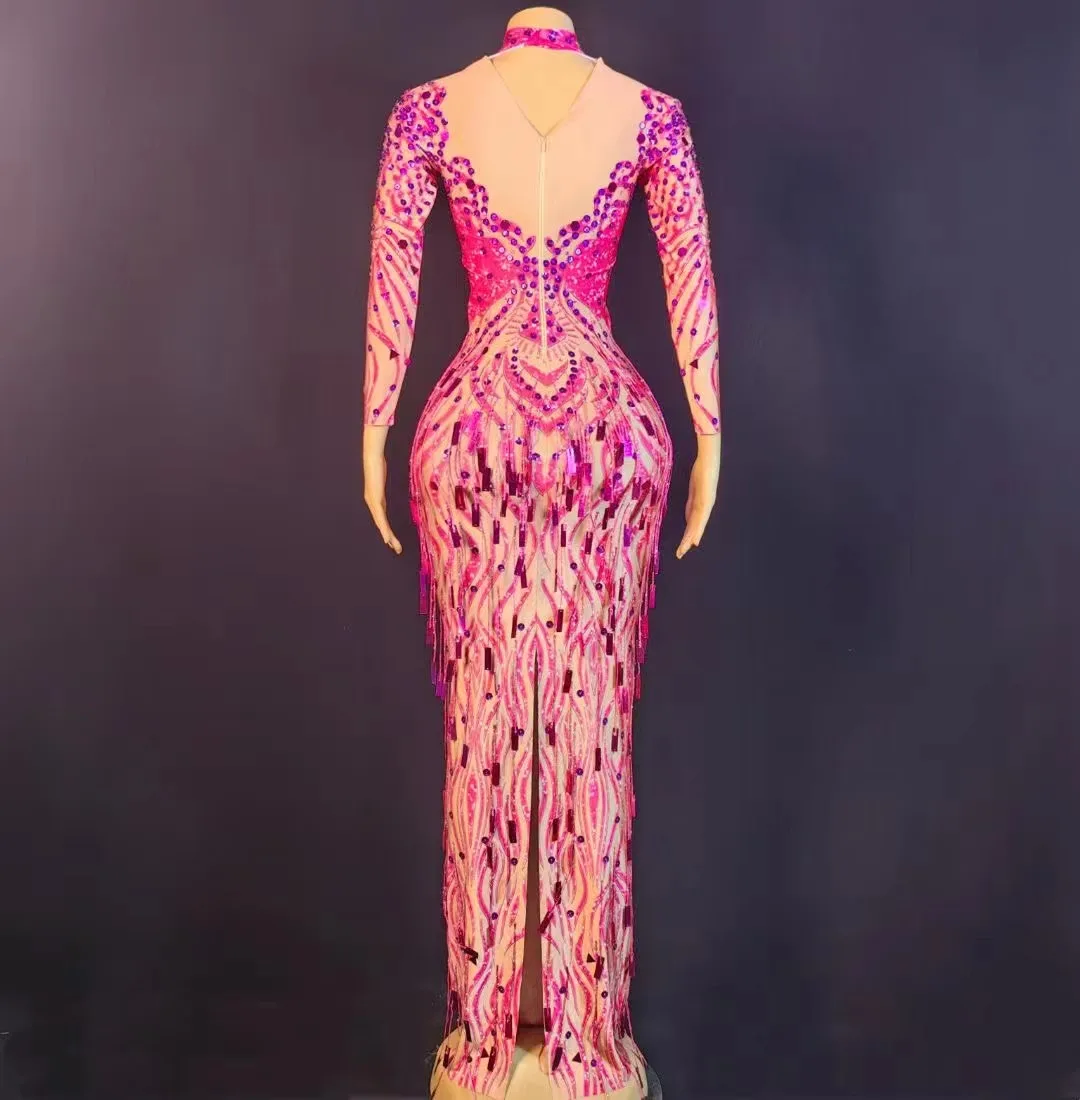 ชุดเดรสยาวสีน้ำเงินประดับเลื่อมและคริสตัลรูปทรงเซ็กซี่สำหรับงานแสดงบนเวที งานวันเกิด งานแสดง งานพรอม งานปาร์ตี้ เหมาะสำหรับนักเต้น นักร้อง และผู้หญิง