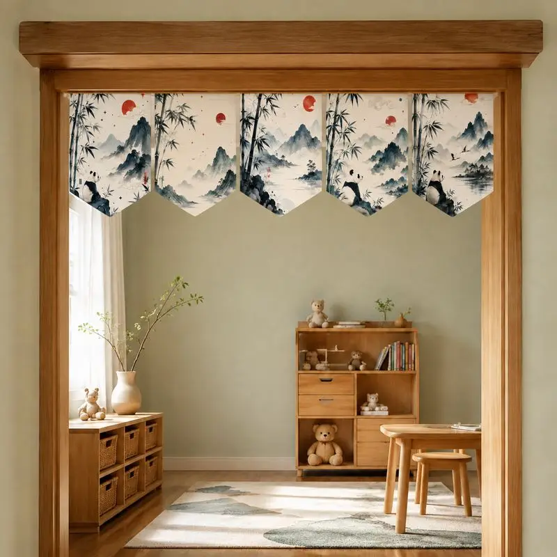 VIKAMA Triangle Flag Door Curtain Maneki Neko Ink Mountain Bamboo Pennant Banner Door Hanging Chinese Japanese Style Home Decor
