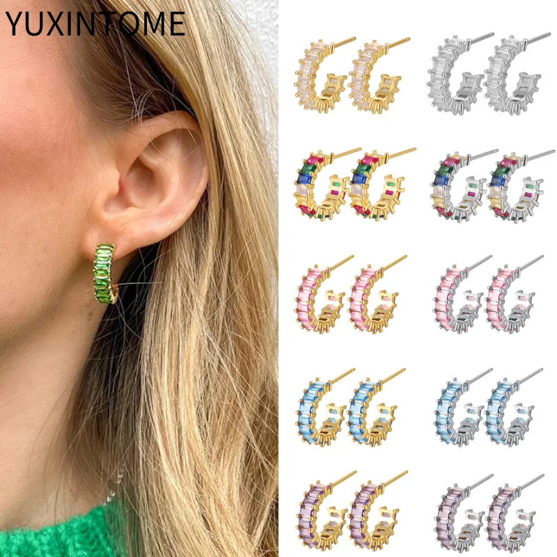 925 Sterling Silver Ear Needle Fashion C shape Earrings for Women Colorful Crystal Piercing Stud Earrings Luxury Jewelry Gifts