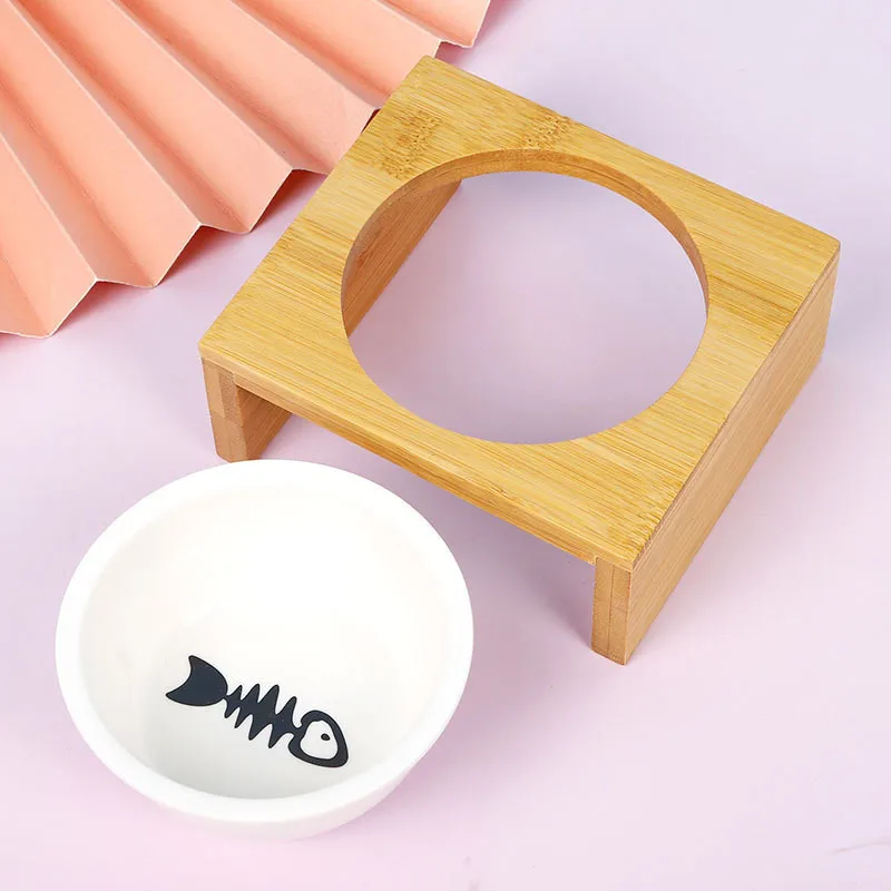 

Товары для домашних животных, твердая бамбуковая подставка, керамическая миска для корма для кошек, милая кормушка для домашних животных, приподнятая миска для собак, аксессуары для кормления щенков