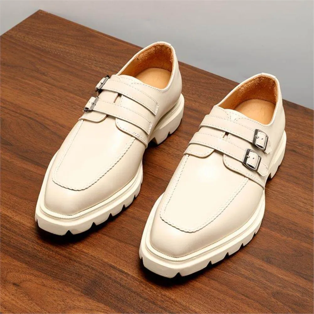 

2026 White White Double Buckle Non Slip Thick Sole Leather Shoes Business Performance Breathable Mens Formal Shoes