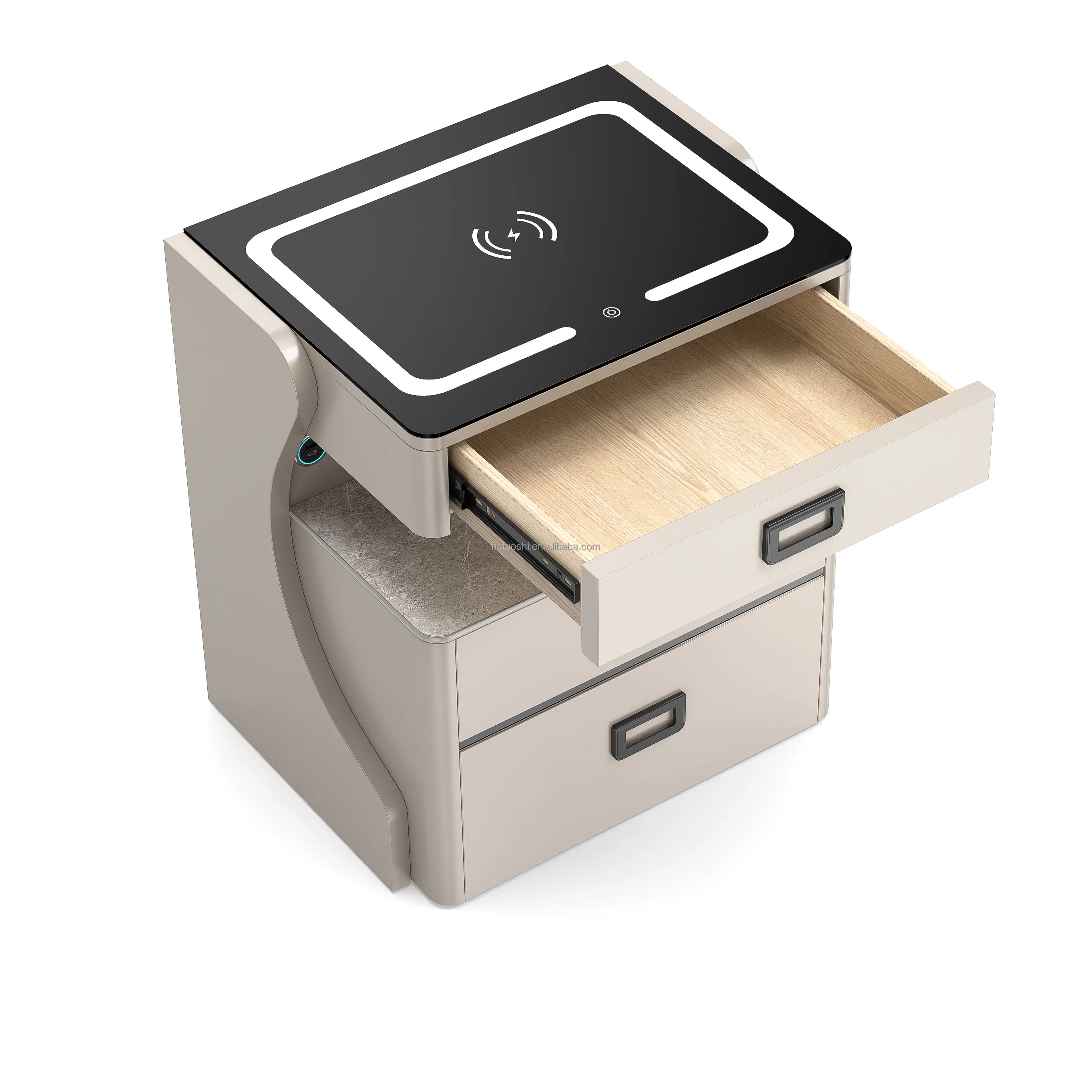 طاولة سرير ذكية متعددة الوظائف، آمنة وحديثة وبسيطة، مكبر صوت بلوتوث قابل لإعادة الشحن، قفل ببصمة الإصبع، طاولة بجانب السرير #6